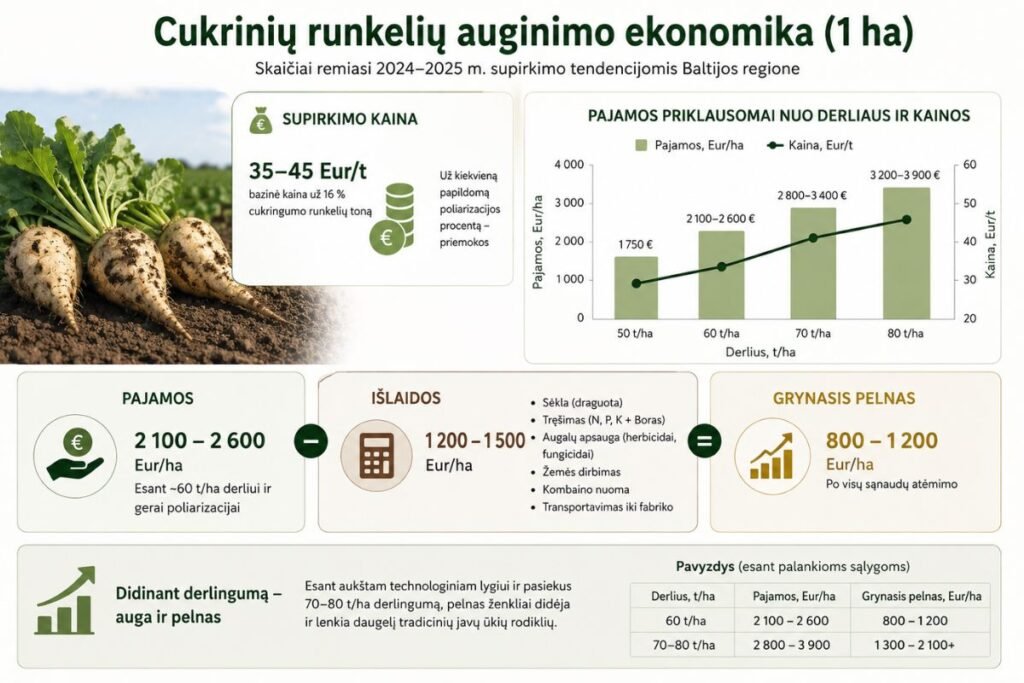 Cukrinių runkelių auginimo ekonomika: išlaidos, pajamos ir grynojo pelno skaičiavimas